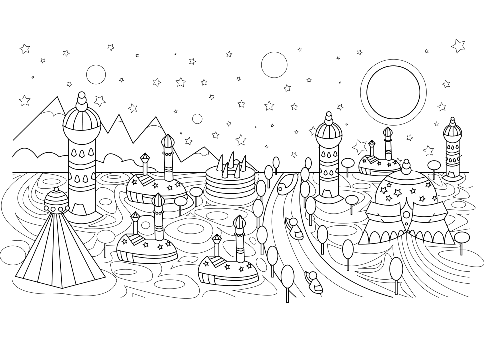 Dibujo para colorear de una ciudad ambientada en un futuro de ciencia ficción.