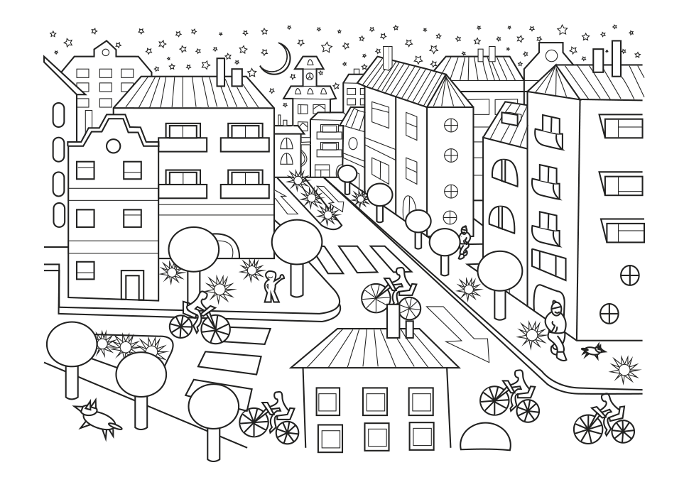 Dibujo para colorear de una ciudad con edificios, personas y bicicletas