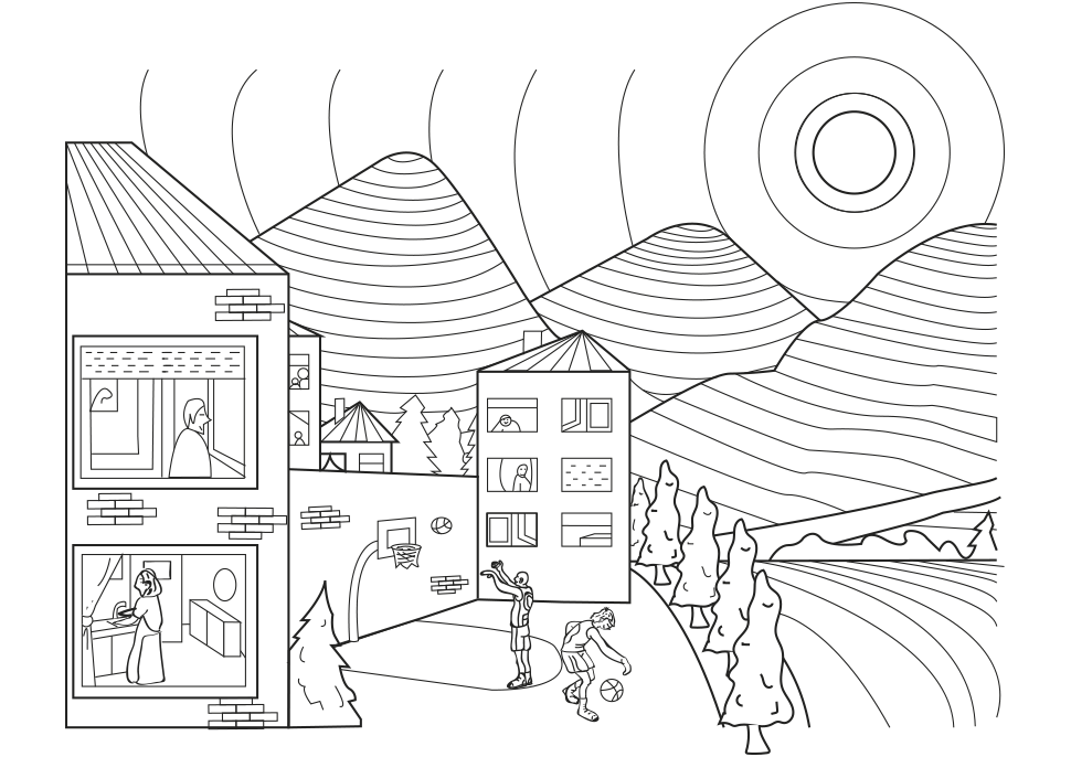 Dibujo para colorear de unos chicos  jugando un partido de baloncesto entre casas y montañas