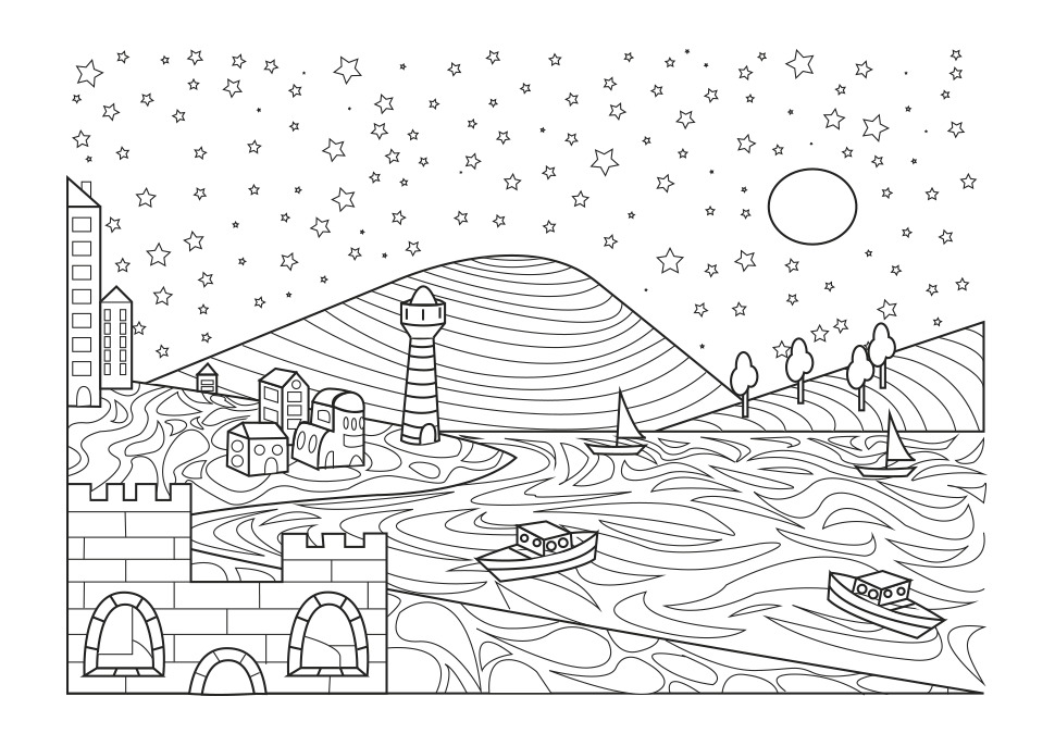 Dibujo para colorear de un castillo junto a la playa, con barcos, montañas y un faro