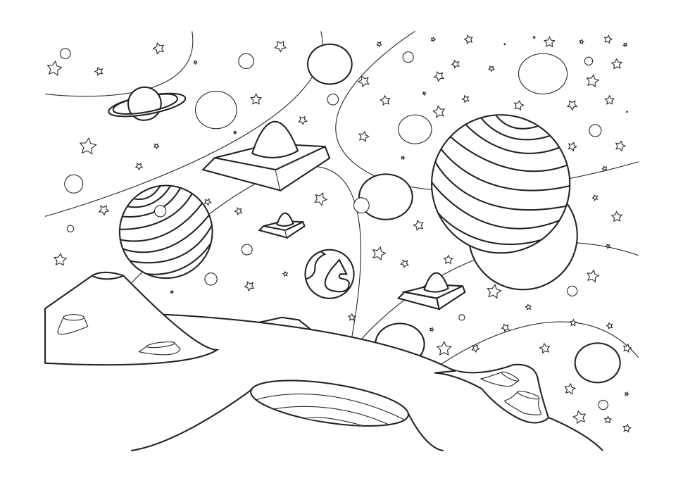 Dibujo para colorear del espacio con muchos planetas, estrellas y naves espaciales.