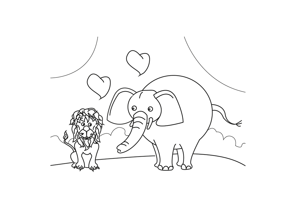 Dibujo para colorear de un elefante y un león.