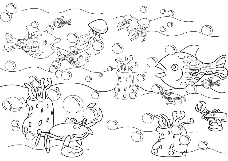 Dibujo para colorear del oceano, con peces, cangrejos y medusas.