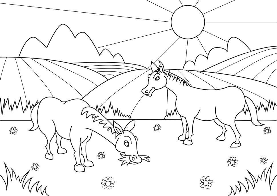 Dibujo para colorear de un prado con caballos