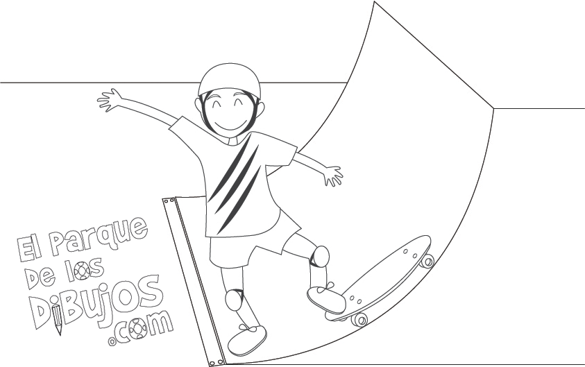 Dibujo para colorear de niño con su tabla skate monopatín y casco