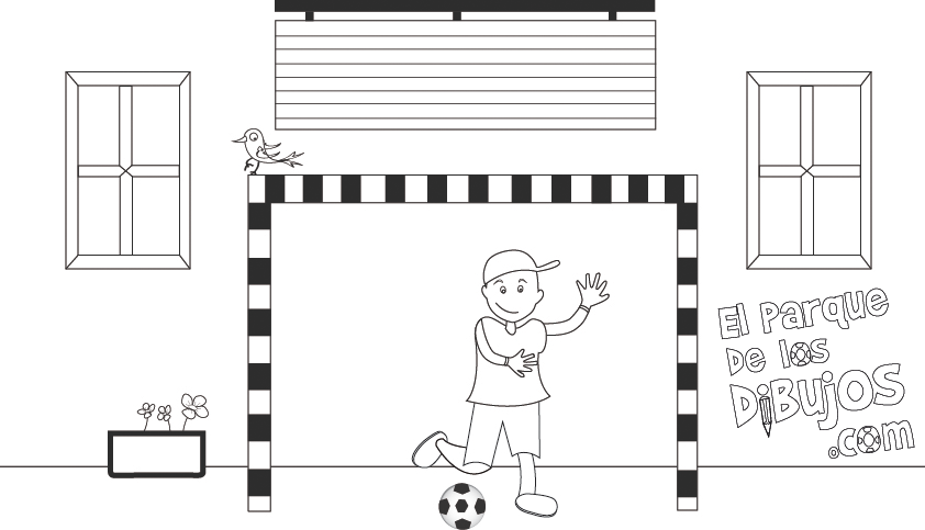 Dibujo para colorear de un niño en la portería de fútbol con el balón