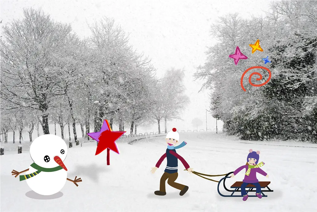 Dibujos infantiles de El parque de los dibujos jugando con muñeco de nieve