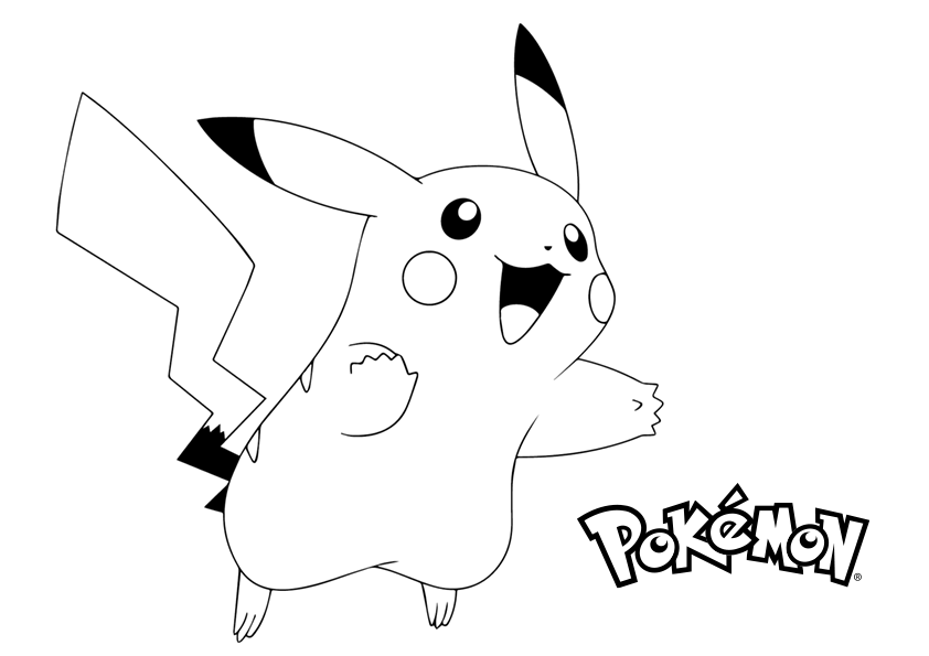 Dibujo de Pikachu de Pokémon saltando con el logo. Pikachu from Pokemon jumping coloring page.
