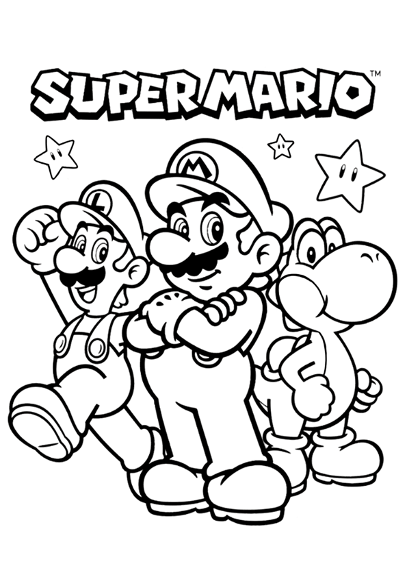 Dibujo para colorear Super Mario, su hermano Luigi y Yoshi
