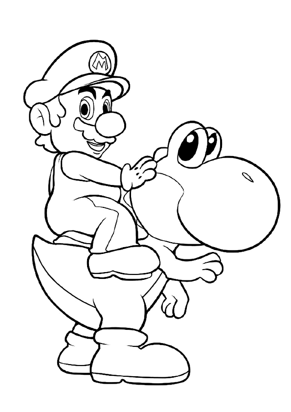 Descarga este dibujo de Super Mario montando en Yoshi, los protagonistas de los videojuegos y la película de Nintendo e Illumination Super Mario Bros.