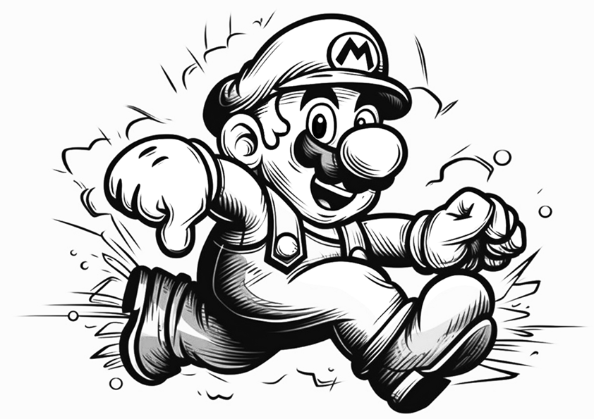 Dibujos de Super Mario, ilustración de tipo xilografía de Mario corriendo