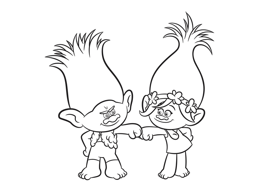 Dibujo para colorear de Poppy y Branch de la película Trolls. Branch es el novio de Poppy