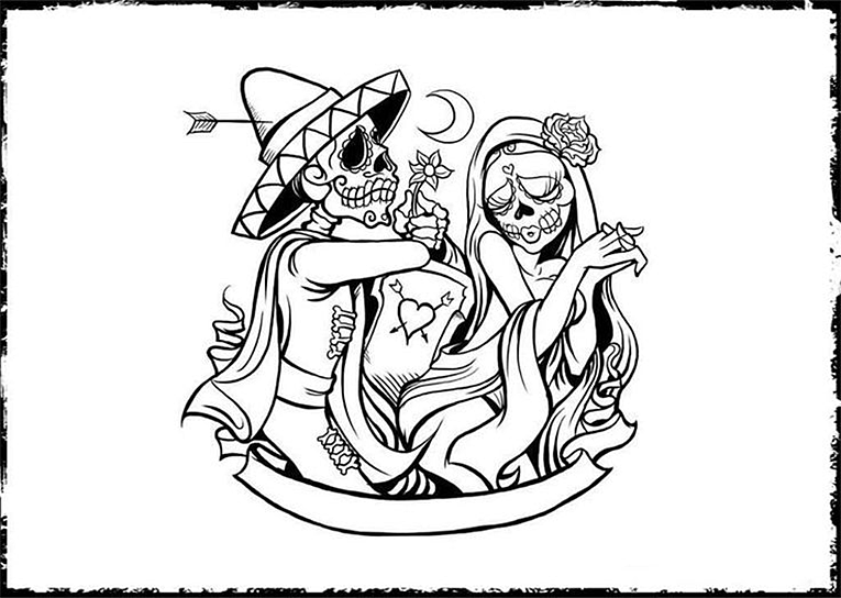 Dibujo para colorear del día de los muertos, tradición México, festividad  Mexicana