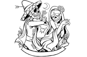 Dibujo para colorear del día de los muertos, tradición de México