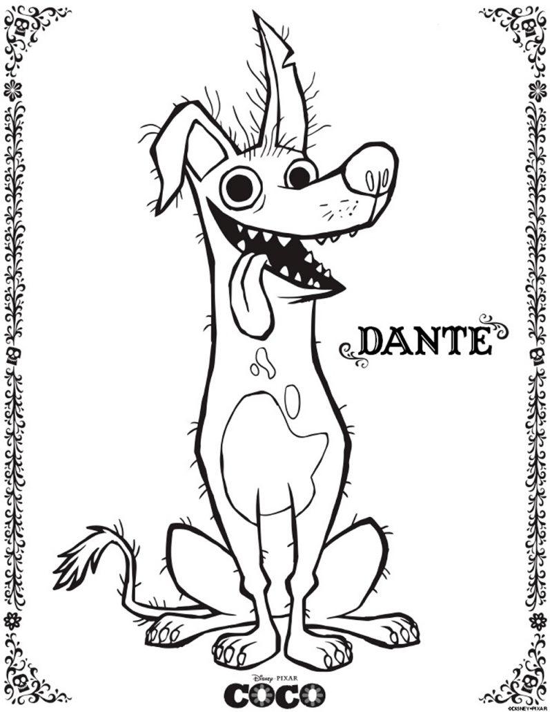 Dibujo para colorear perro Dante de la película Coco de Disney Pixar