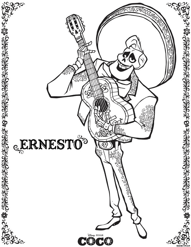 Dibujo para colorear de Ernesto de la película Coco de Pixar