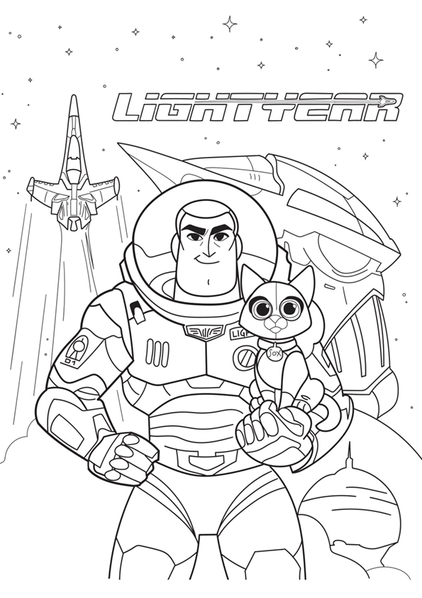Dibujo de Buzz Lightyear con el gato robótico Sox para colorear