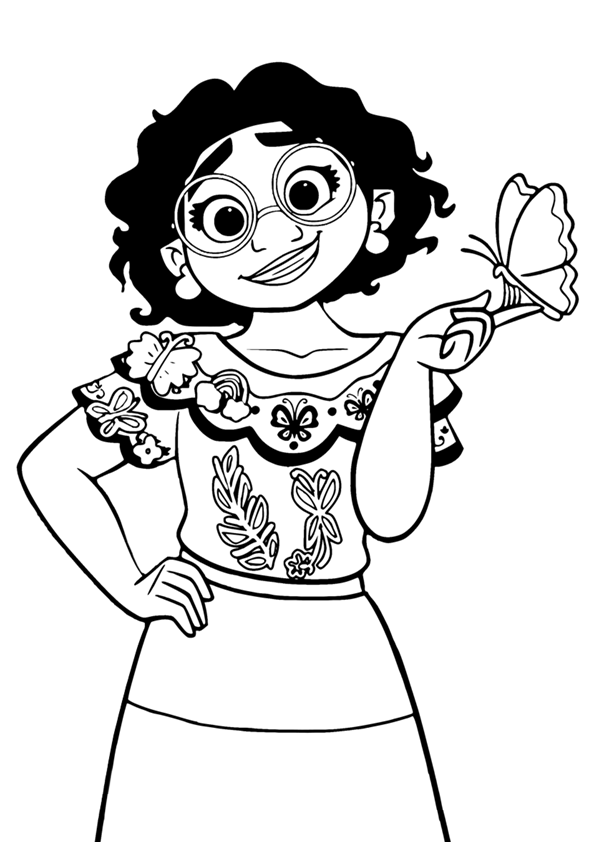 Dibujo de Mirabel la protagonsita de la película Encanto, con una mariposa. Mirabel Madrigal, la protagonista de Encanto, la película de Disney.