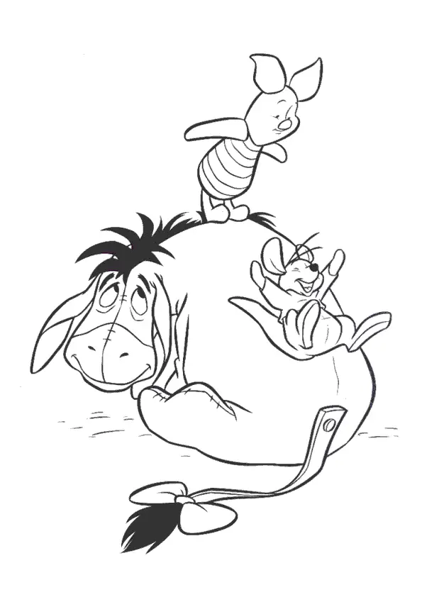 Dibujo para colorear de Winnie the Pooh de Disney, los personajes Piglet, Rito e Igor jugando