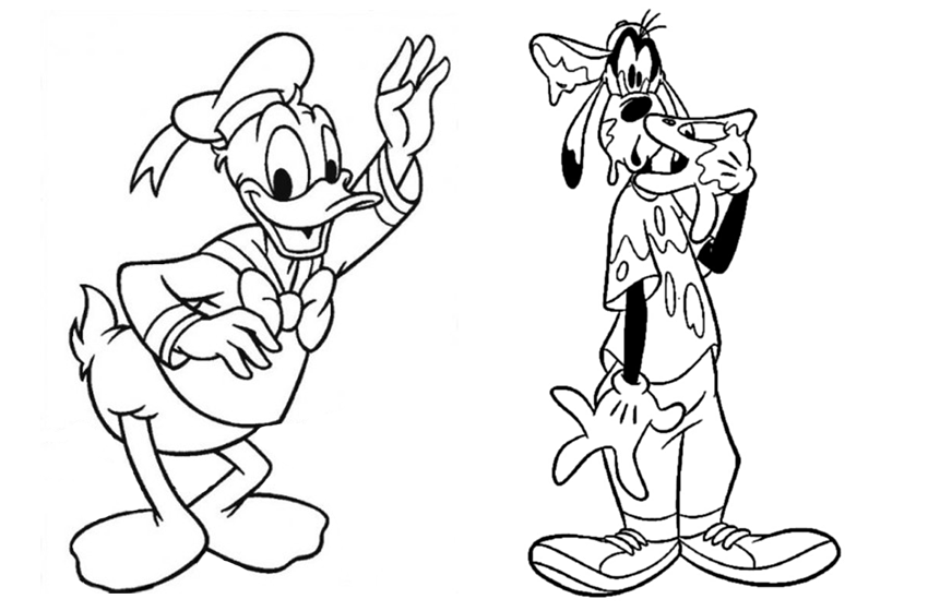 Colorear dibujo clásico de Disney del Pato Donald y Goofy