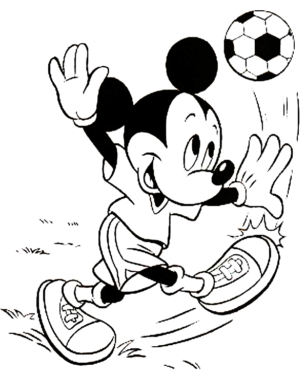 Dibujo clásico de Disney para colorear, el ratón Mickey Mouse jugando al fútbol con su traje de futbolista.