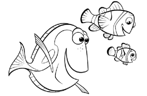Imagen para imprimir de Nemo con su padre y Dori de la película de Disney Pixar Buscando a Nemo