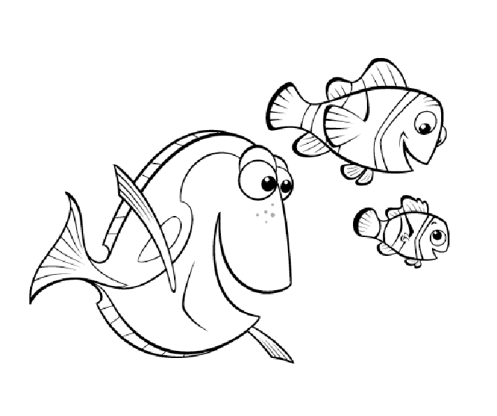 Dibujo para colorear de los personajes de Buscando a Nemo de Pixar, Nemo con su padre y Dori