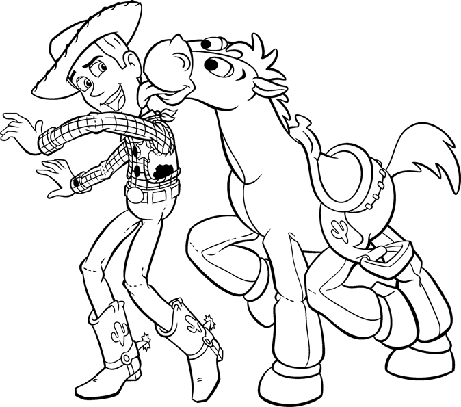 Dibujo para colorear de la película Toy Story de Disney Pixar del vaquero Buddy con su caballo Perdigón