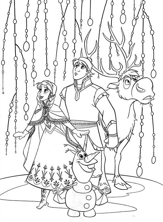 Dibujo para colorear de Anna, Kristoff y el reno Sven de la película Frozen
