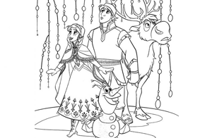 Dibujo para colorear de Kristoff, Anna, Olaf y Sven de la  Frozen El Reino del Hielo de Disney