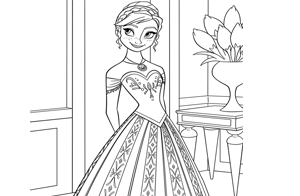 Dibujo para colorear de Anna con vestido de la película Frozen El Reino del Hielo de Disney