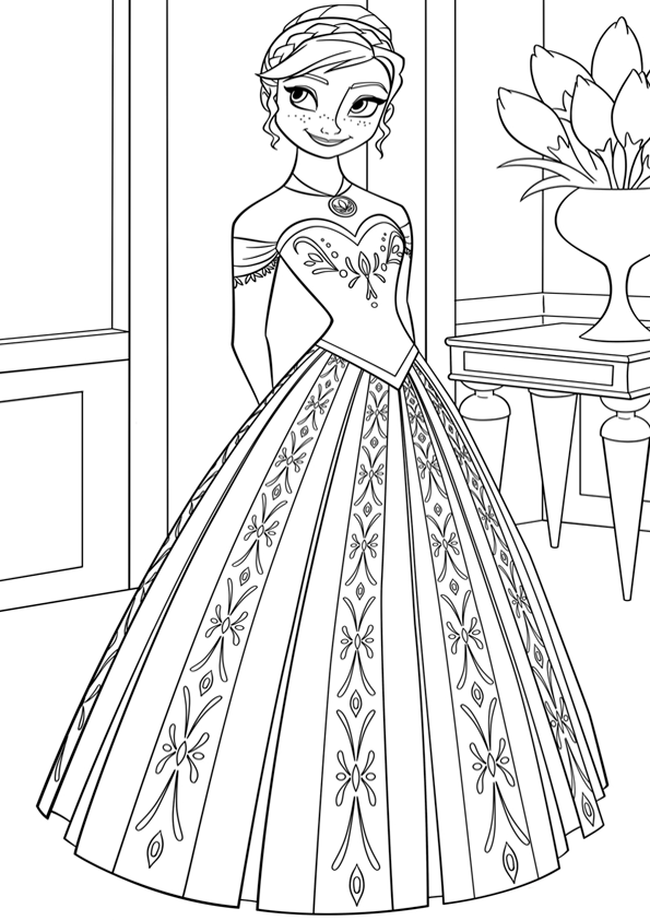 Dibujo para colorear de  Anna con vestido de la película Frozen