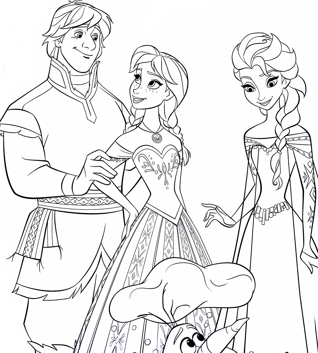 Dibujo para colorear de Kristoff, Anna y Elsa de la película Frozen