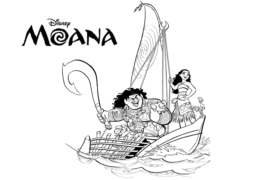 Dibujo para colorear de Moana y Maui en el barco, los protagonistas de la película de Disney, Moana, Un mar de aventuras
