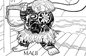 Dibujo para colorear del personaje Maui de la película de Disney Moana Un mar de aventuras, la princesa de la Polinesia