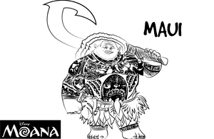 Dibujo para colorear de Maui, el personaje de la película Moana Waialiki, la princesa de la Polinesia de la película de dibujos de Disney