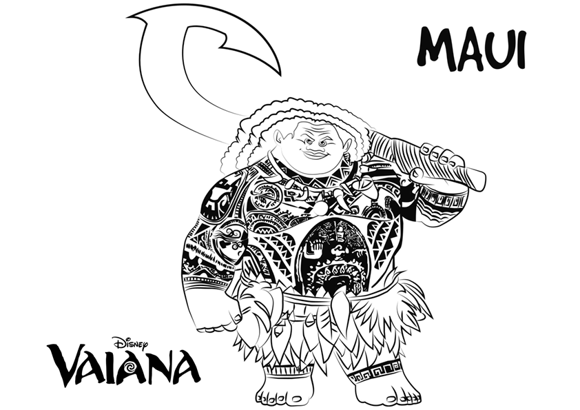 Dibujo para colorear de Maui, el personaje de la película de dibujos de Disney Vaianaa la princesa de la película de dibujos de Disney