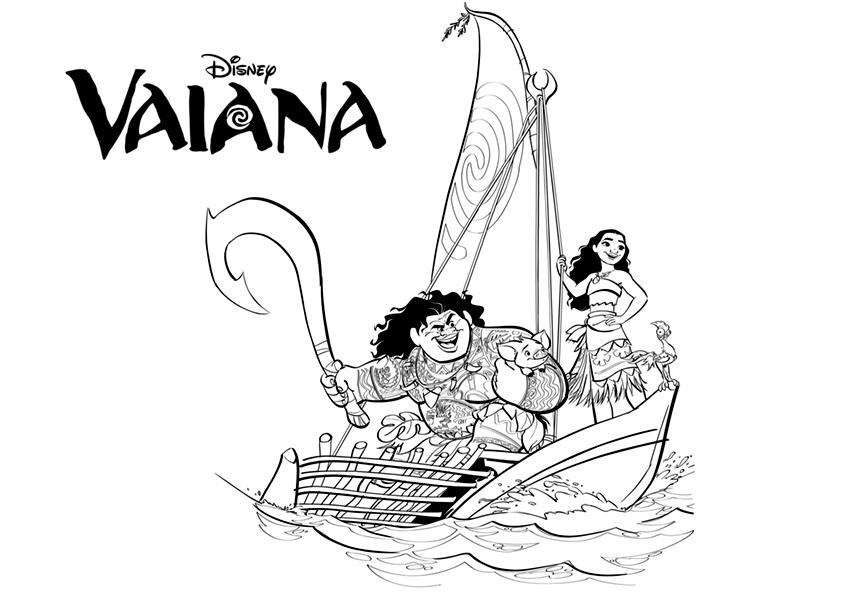 Dibujo para colorear de Vaiana y Maui en el barco, los protagonistas de la película de Disney, Vaiana, Un mar de aventuras