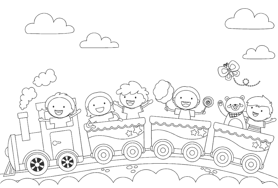 Dibujo infantil para colorear de un tren con niños y un oso