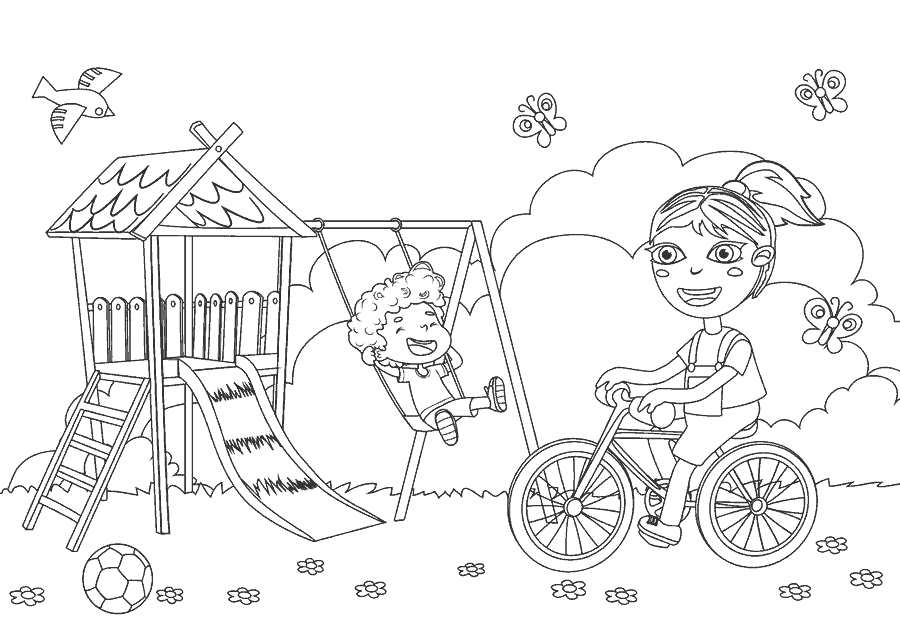 Dibujo para colorear infantil, micro cuento Marta monta en bicicleta mientras Carlos está montando en el columpio.