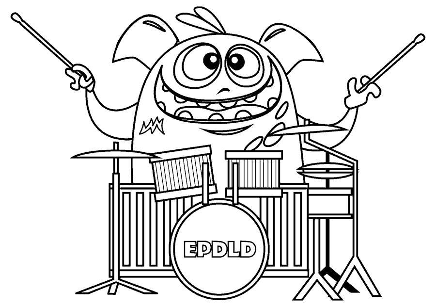 Dibujo infantil para colorear, el monstruo Willy tocando la batería.