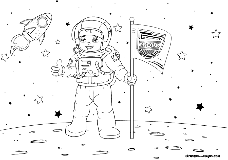 Dibujo para colorear infantil, micro cuento Leo el niño astronauta.