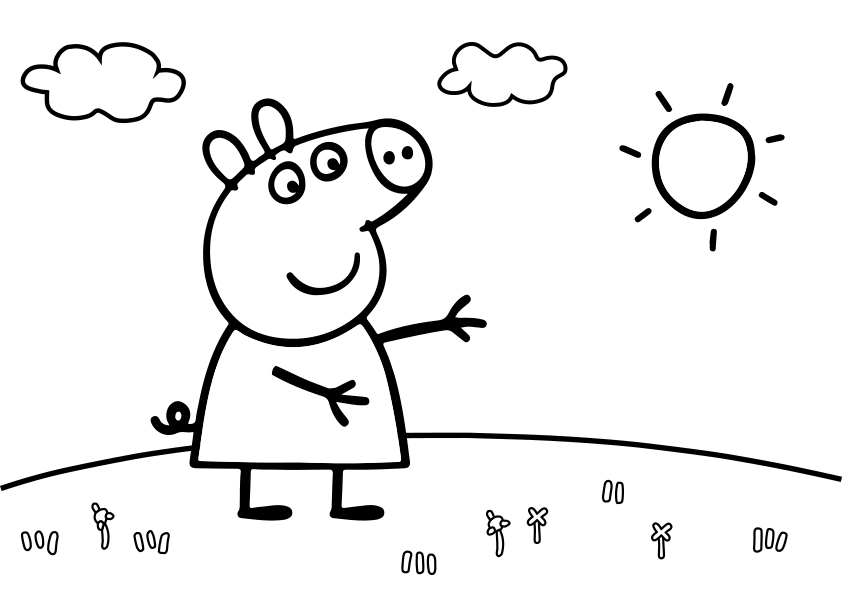 Dibujo para colorear a Peppa Pig en el campo