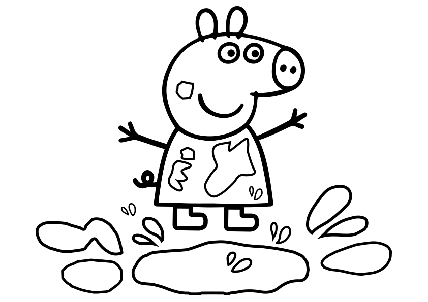 Dibujo para colorear a Peppa Pig saltando en un charco de barro