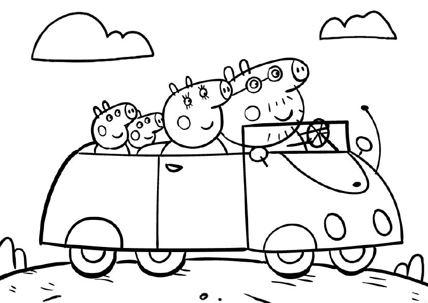Dibujo de Peppa Pig con su familia en coche