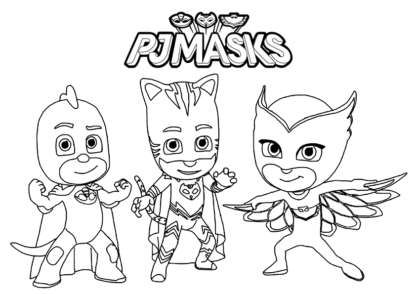 Dibujo para colorear de los 3 niños protagonistas de PJ Masks, héroes en pijamas
