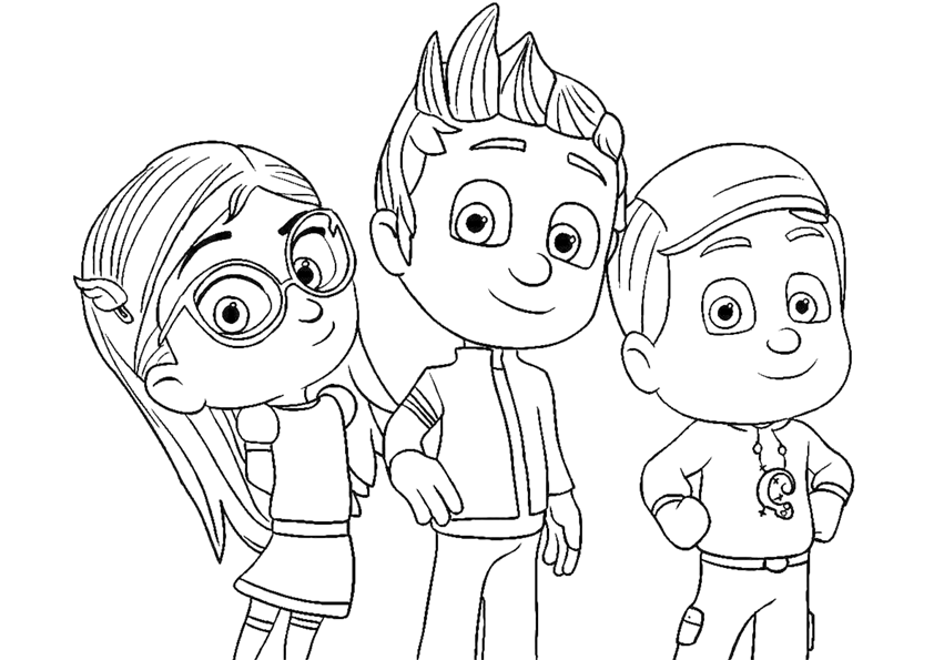 Dibujo de los niños protagonistas de PJ Masks, Amaya, Connor y Greg