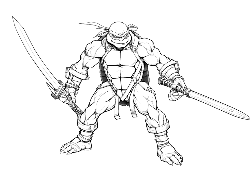 Imagen de la tortuga Ninja Donatello con espadas para colorear