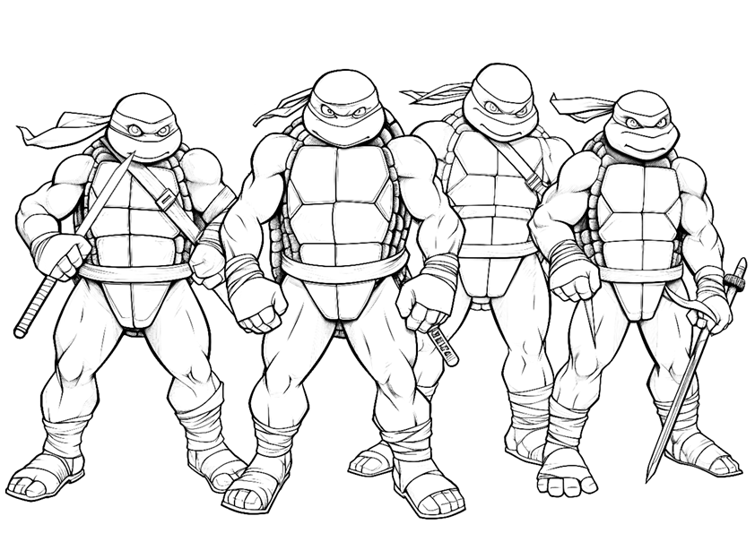 Las tortugas Ninja, Leonardo, Donatello, Raphael y Michelangelo, preparadas con sus espadas. Dibujo para colorear.