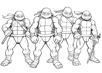 Las tortugas Ninja Leonardo, Donatello, Raphael y Michelangelo para colorear
